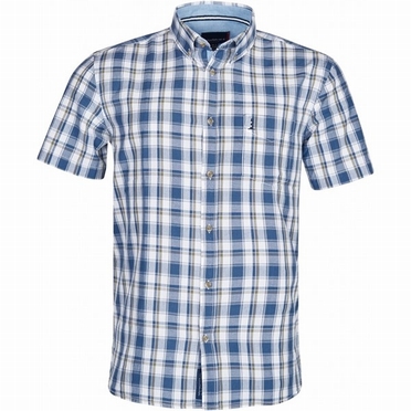 North 56°4 zomers shirt, blauw geruit met olijf streepje