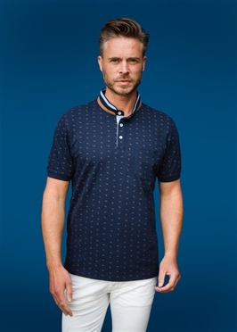 Meantime Polo m. print en china boord, navy