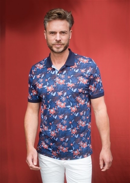 Meantime Polo m. all-over bloemprint, navy