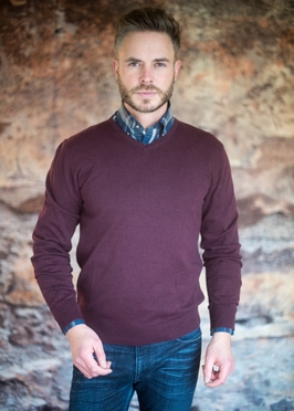 Meantime Jacquard pullover m. V-hals, wijnrood