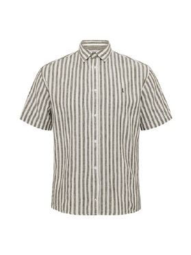 North shirt katoen/linnen gestreept, offwhite-olijf