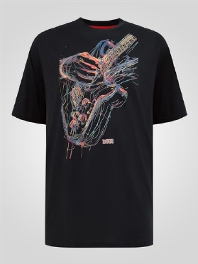 D555 T-shirt Multi Colour Guitar Art, zwart