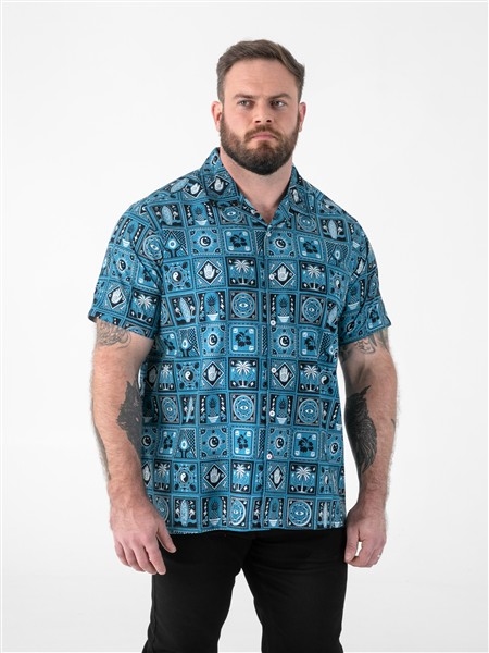 D555 Overhemd allover print CUBA korte mouw, petrol