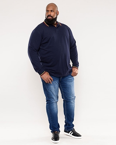 D555 Polo piqué lange mouw m. contrast boord, navy