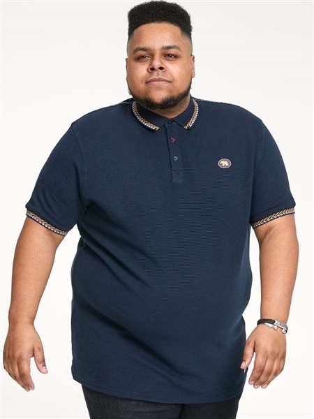 D555 Polo ribbel weefsel m. rand in kraag+mouw, navy