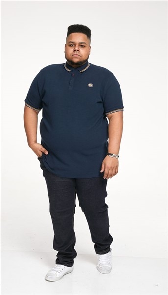 D555 Polo ribbel weefsel m. rand in kraag+mouw, navy