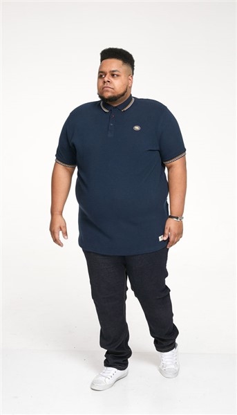 D555 Polo ribbel weefsel m. rand in kraag+mouw, navy