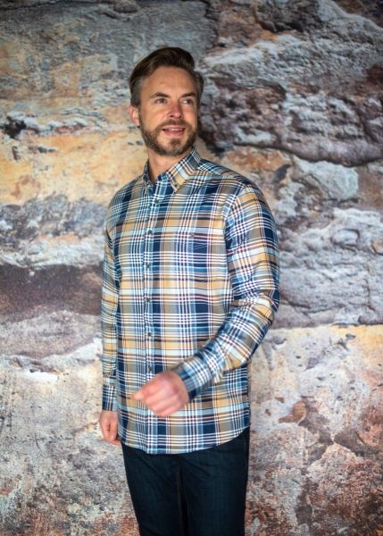 GCM Overhemd geruit lange mouw, navy-wit-bruin