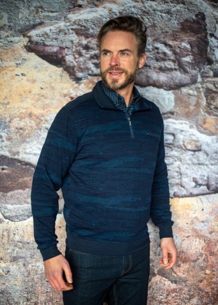 Meantime Jacquard trui m. rits + borstzakje, navy melee