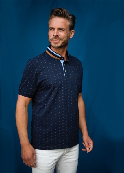 Meantime Polo m. print en henley boord, navy