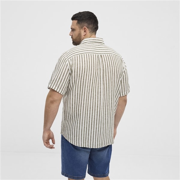 North shirt katoen/linnen gestreept, offwhite-olijf