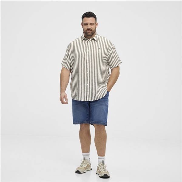 North shirt katoen/linnen gestreept, offwhite-olijf