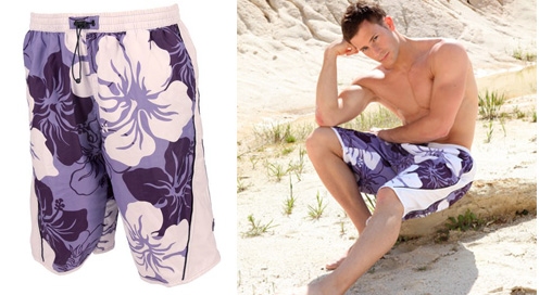 Zwemshort, bloem paars/wit